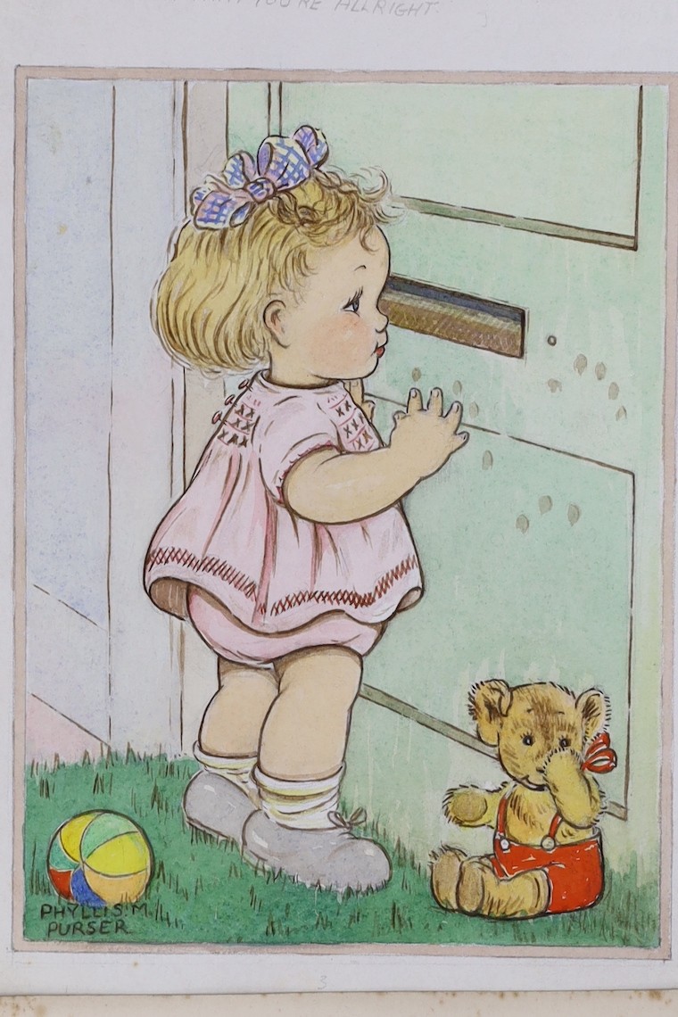 Phyllis Purser (1893-1990), six watercolours, humorous scenes, signed, unframed, largest 36 x 24.5cm